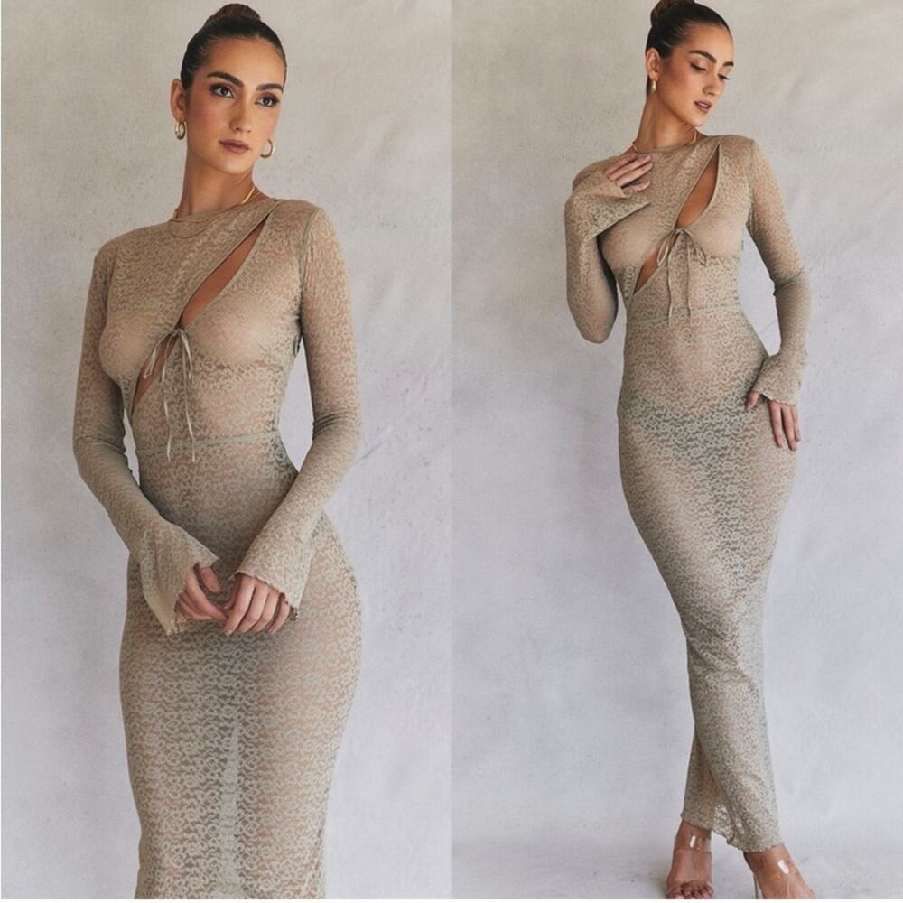 House of CB Giovanna Stone Floral Lace Long Sleeve Maxi Dress M - Picture 4 of 13